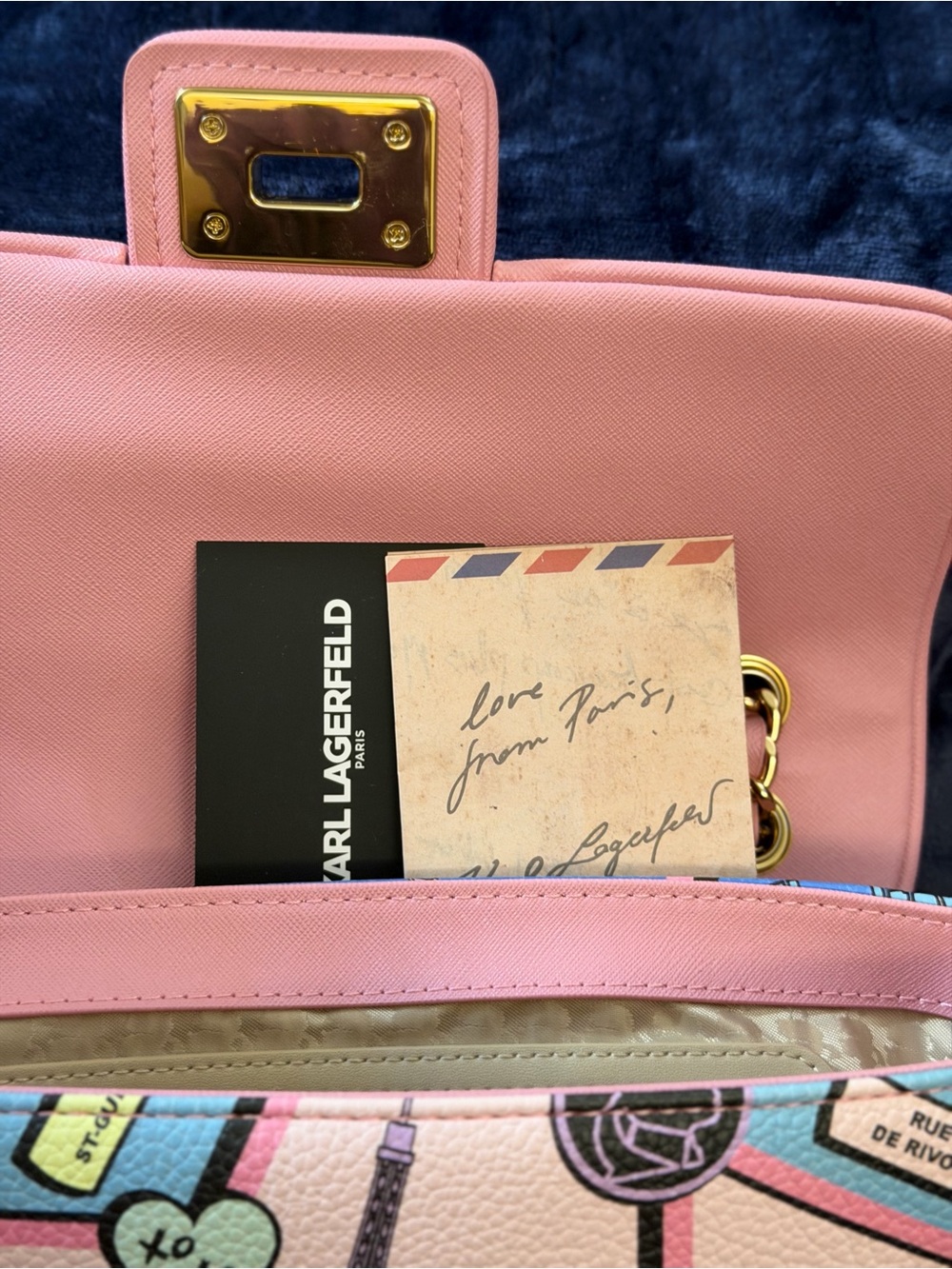 Karl Lagerfeld Pastel Pink Multicolor Paris Postcard Chain Shoulder Bag - Picture 4 of 8